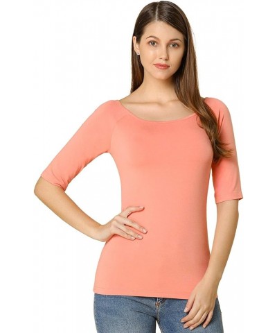 Women's Half Sleeves Scoop Neck Fitted Layering Top Soft T-Shirt Pink $11.40 T-Shirts