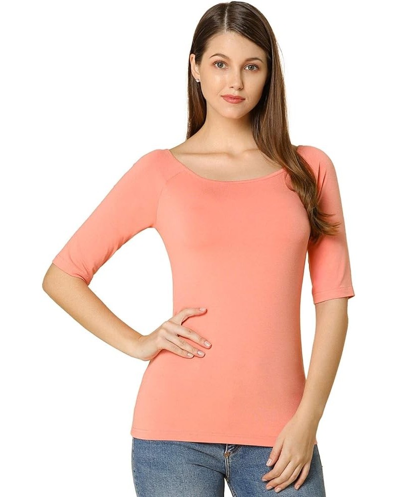 Women's Half Sleeves Scoop Neck Fitted Layering Top Soft T-Shirt Pink $11.40 T-Shirts