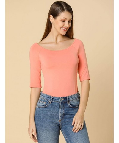 Women's Half Sleeves Scoop Neck Fitted Layering Top Soft T-Shirt Pink $11.40 T-Shirts