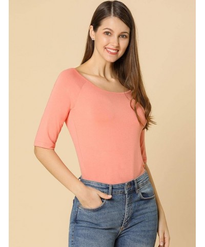 Women's Half Sleeves Scoop Neck Fitted Layering Top Soft T-Shirt Pink $11.40 T-Shirts