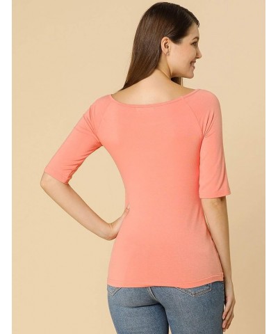 Women's Half Sleeves Scoop Neck Fitted Layering Top Soft T-Shirt Pink $11.40 T-Shirts