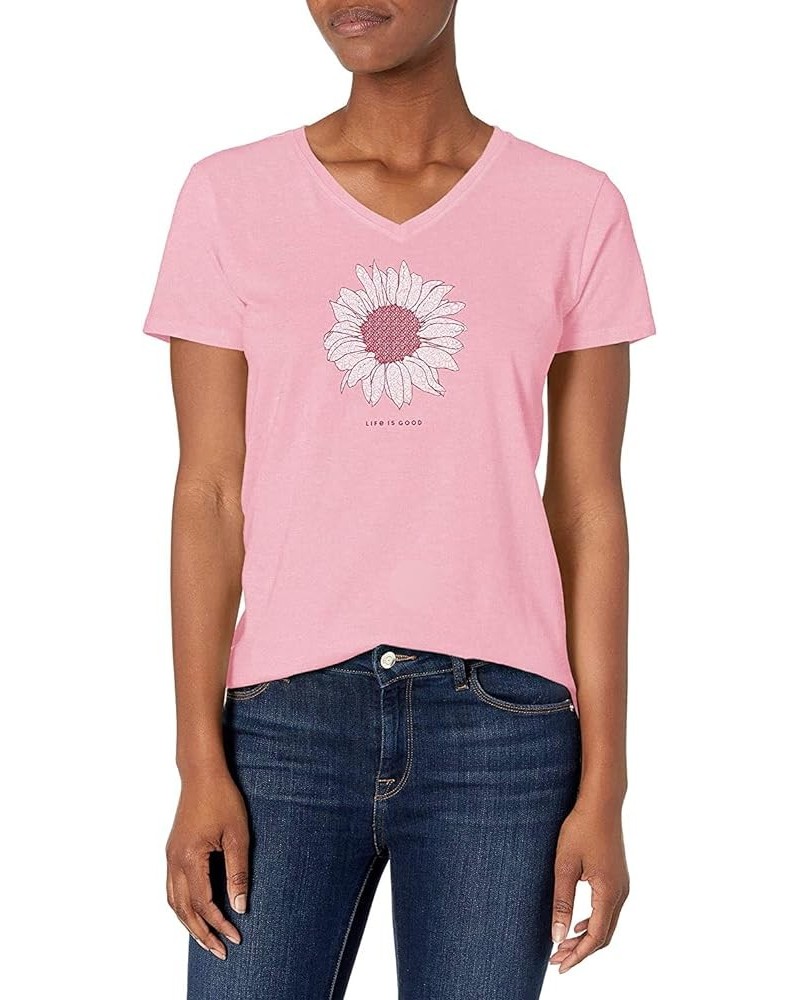 Women's Blooming French Flower Short Sleeve Cotton Tee, Graphic V-Neck T-Shirt Happy Pink $12.25 Activewear