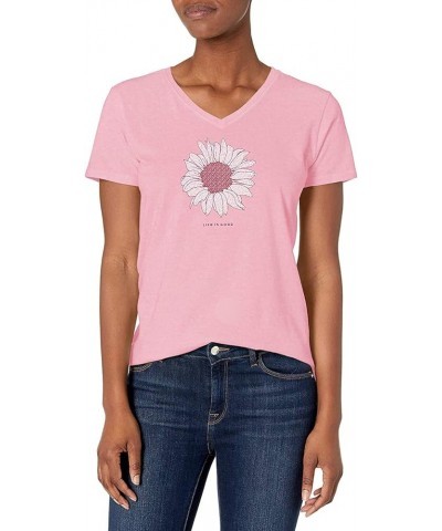 Women's Blooming French Flower Short Sleeve Cotton Tee, Graphic V-Neck T-Shirt Happy Pink $12.25 Activewear