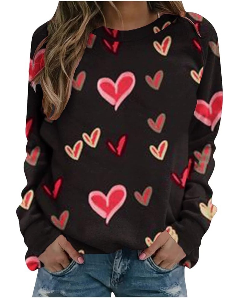 Valentine's Day Sweatshirt Women Long Sleeve Crew Neck Shirts Heart Print Blouse Casual Pullover Loose Fit Tunic Tops 4❤❤blac...