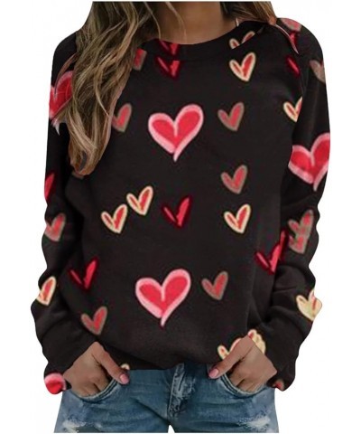 Valentine's Day Sweatshirt Women Long Sleeve Crew Neck Shirts Heart Print Blouse Casual Pullover Loose Fit Tunic Tops 4❤❤blac...