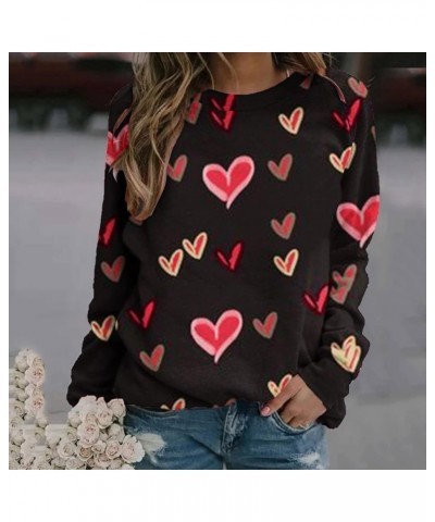 Valentine's Day Sweatshirt Women Long Sleeve Crew Neck Shirts Heart Print Blouse Casual Pullover Loose Fit Tunic Tops 4❤❤blac...