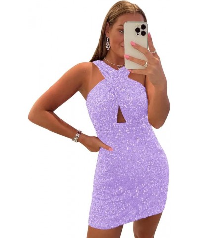 Sequin Homecoming Dresses Short Halter Sparkly Tight Formal Evening Cocktail Gowns Lavender $29.99 Dresses