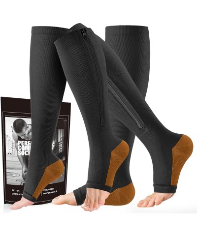 Zipper Compression Socks Men & Women - 2 Pairs Of 15-20mmhg Open Toe Compression Socks Knee High,Suit For Running 3X-Large Bl...