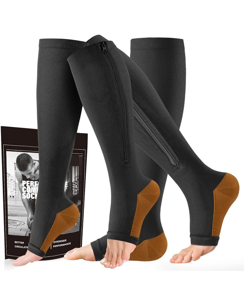 Zipper Compression Socks Men & Women - 2 Pairs Of 15-20mmhg Open Toe Compression Socks Knee High,Suit For Running 3X-Large Bl...