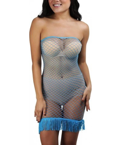 Women’s Stretch See Through Fishnet Novelty Mini Rave Party Dress Strapless Fringed Design - Turquoise $8.64 Dresses