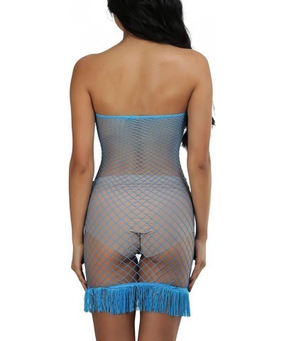 Women’s Stretch See Through Fishnet Novelty Mini Rave Party Dress Strapless Fringed Design - Turquoise $8.64 Dresses