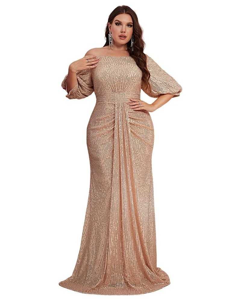 Women's Plus Size Off Shoulder Puff Sleeve Sequin Formal Maxi Dress Evening Party Gowns Gold $36.00 Dresses