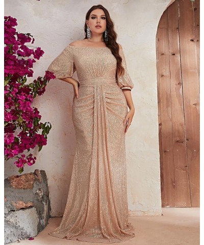 Women's Plus Size Off Shoulder Puff Sleeve Sequin Formal Maxi Dress Evening Party Gowns Gold $36.00 Dresses