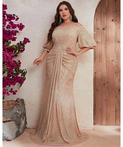 Women's Plus Size Off Shoulder Puff Sleeve Sequin Formal Maxi Dress Evening Party Gowns Gold $36.00 Dresses