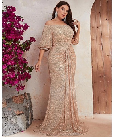 Women's Plus Size Off Shoulder Puff Sleeve Sequin Formal Maxi Dress Evening Party Gowns Gold $36.00 Dresses