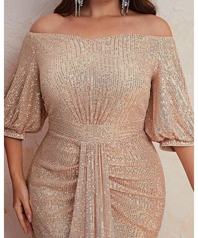 Women's Plus Size Off Shoulder Puff Sleeve Sequin Formal Maxi Dress Evening Party Gowns Gold $36.00 Dresses