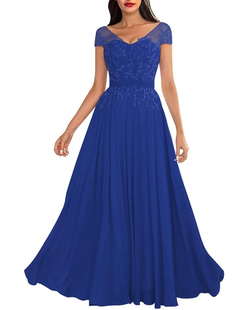 Beaded Mother of The Bride Dresses for Wedding with Sleeves Chiffon Lace Appliques Formal Evening Party Gowns Royal Blue $33....