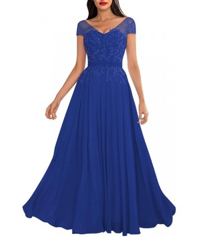 Beaded Mother of The Bride Dresses for Wedding with Sleeves Chiffon Lace Appliques Formal Evening Party Gowns Royal Blue $33....