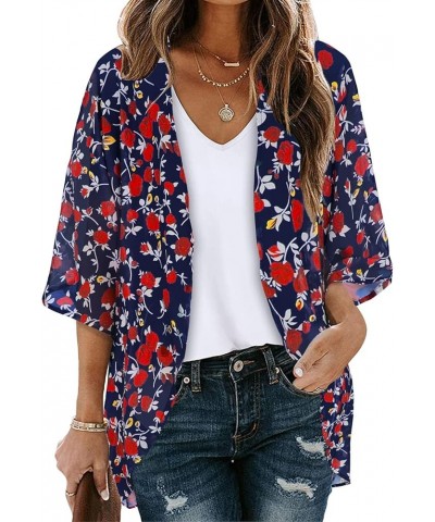 Kimono Cardigans for Women Summer Floral Print Puff Sleeve Chiffon Tops Lightweight Loose Cover Up Casual Blouse Tops 02♛navy...