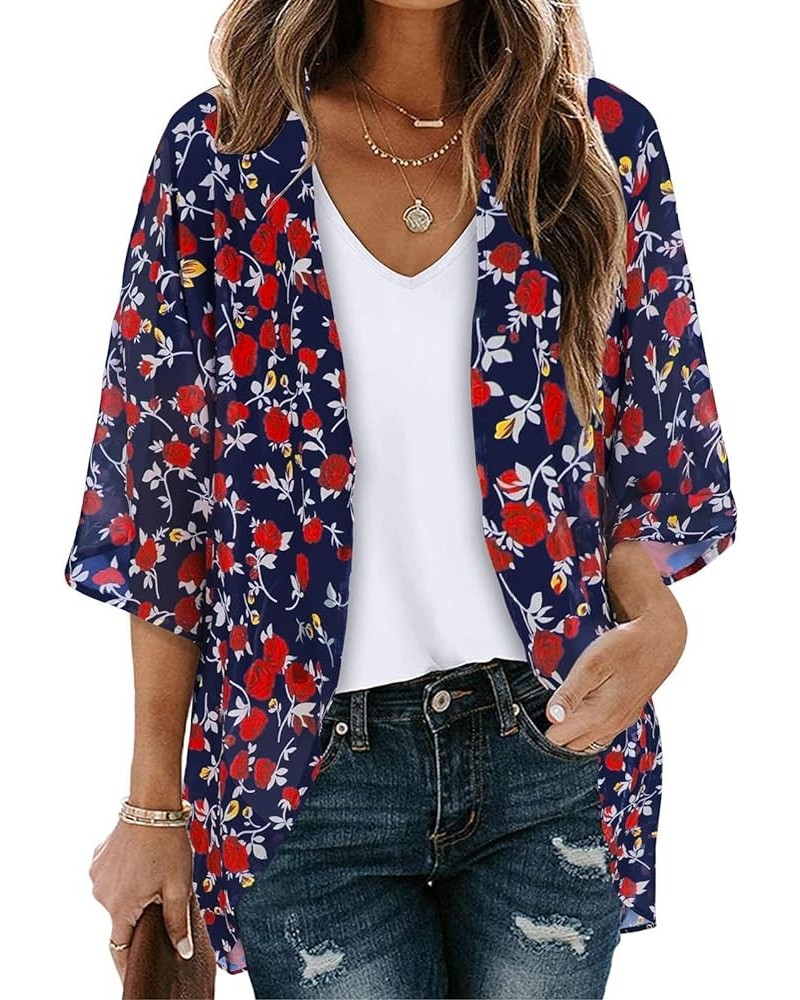 Kimono Cardigans for Women Summer Floral Print Puff Sleeve Chiffon Tops Lightweight Loose Cover Up Casual Blouse Tops 02♛navy...