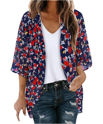 Kimono Cardigans for Women Summer Floral Print Puff Sleeve Chiffon Tops Lightweight Loose Cover Up Casual Blouse Tops 02♛navy...