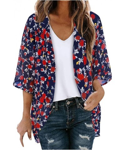 Kimono Cardigans for Women Summer Floral Print Puff Sleeve Chiffon Tops Lightweight Loose Cover Up Casual Blouse Tops 02♛navy...