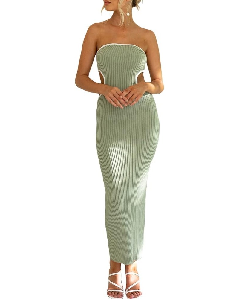 Women Cutout Strapless Maxi Dress Y2K Rib Knitted Bodycon Tube Dress Sleeveless Backless Satin Summer Dresses C-1 Ribbed Cuto...