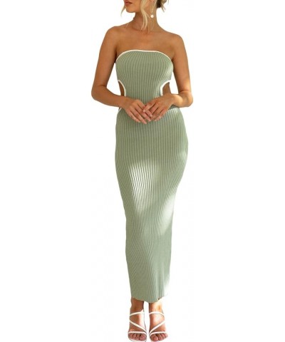 Women Cutout Strapless Maxi Dress Y2K Rib Knitted Bodycon Tube Dress Sleeveless Backless Satin Summer Dresses C-1 Ribbed Cuto...