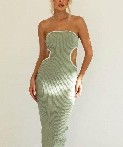 Women Cutout Strapless Maxi Dress Y2K Rib Knitted Bodycon Tube Dress Sleeveless Backless Satin Summer Dresses C-1 Ribbed Cuto...