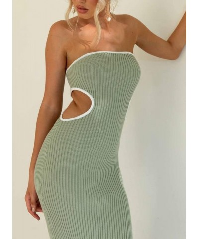 Women Cutout Strapless Maxi Dress Y2K Rib Knitted Bodycon Tube Dress Sleeveless Backless Satin Summer Dresses C-1 Ribbed Cuto...