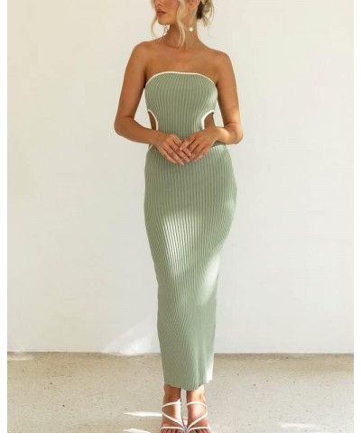 Women Cutout Strapless Maxi Dress Y2K Rib Knitted Bodycon Tube Dress Sleeveless Backless Satin Summer Dresses C-1 Ribbed Cuto...