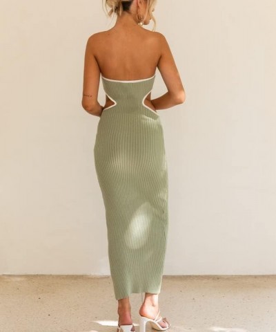 Women Cutout Strapless Maxi Dress Y2K Rib Knitted Bodycon Tube Dress Sleeveless Backless Satin Summer Dresses C-1 Ribbed Cuto...