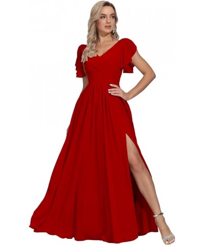 Long Chiffon Bridesmaid Dresses for Women Short Sleeve V Neck Formal Evening Dress with Slit Red $25.30 Dresses