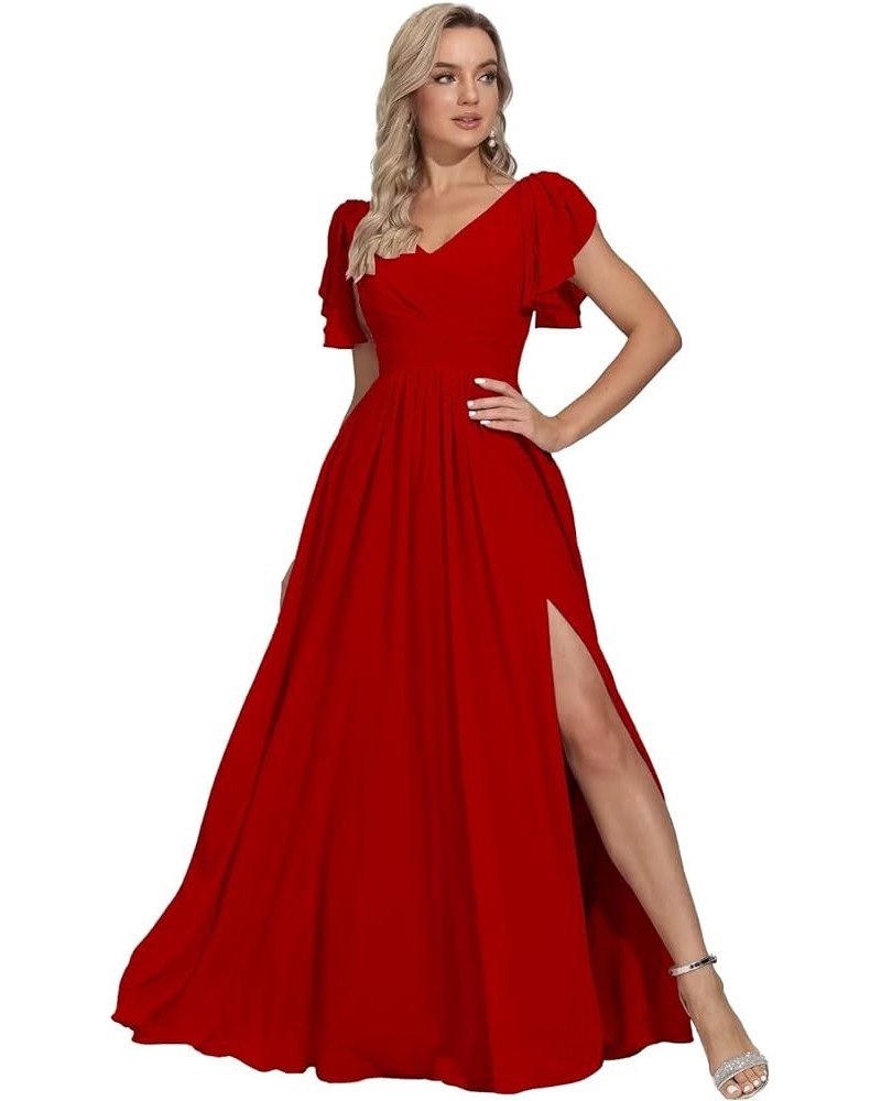 Long Chiffon Bridesmaid Dresses for Women Short Sleeve V Neck Formal Evening Dress with Slit Red $25.30 Dresses