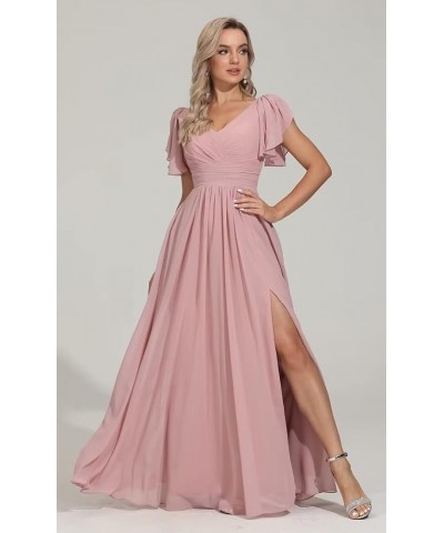 Long Chiffon Bridesmaid Dresses for Women Short Sleeve V Neck Formal Evening Dress with Slit Red $25.30 Dresses