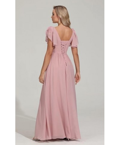 Long Chiffon Bridesmaid Dresses for Women Short Sleeve V Neck Formal Evening Dress with Slit Red $25.30 Dresses