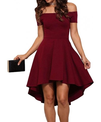 Womens Off Shoulder Short Sleeve Swallowtail Dress High Low Flare Skater Dress Wine Red $10.80 Dresses