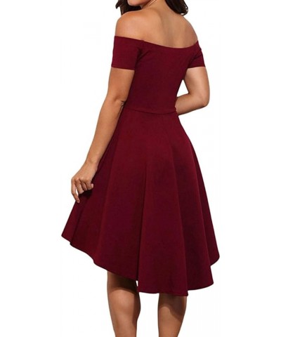 Womens Off Shoulder Short Sleeve Swallowtail Dress High Low Flare Skater Dress Wine Red $10.80 Dresses