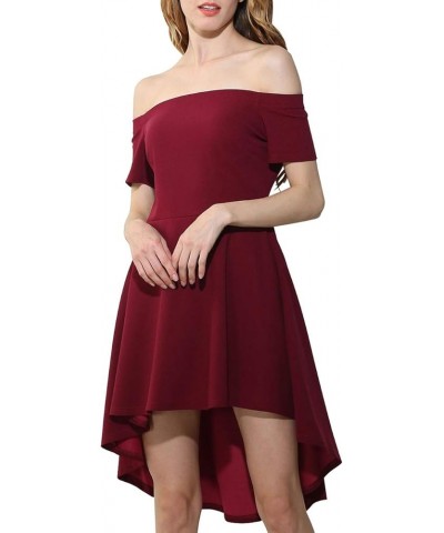 Womens Off Shoulder Short Sleeve Swallowtail Dress High Low Flare Skater Dress Wine Red $10.80 Dresses