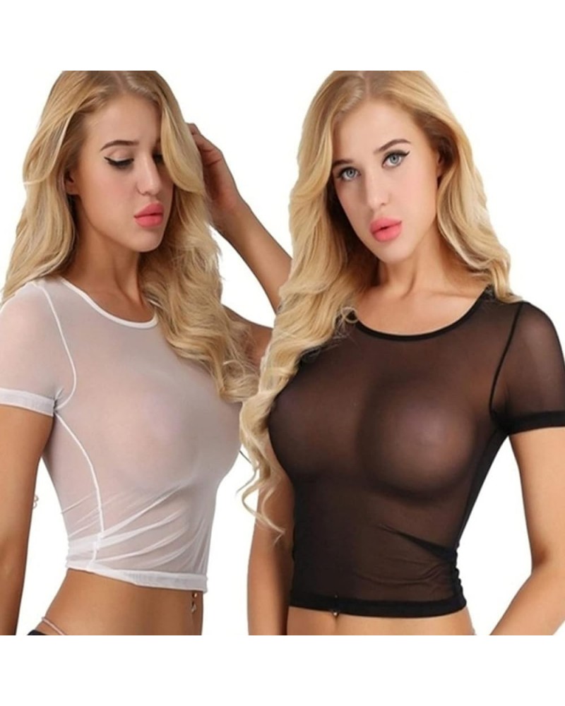 Women's Sexy Slim Mesh Sheer See Through Clubwear Stretchy Shirt Short Sleeve/Sleeveless Blouse Crewneck Crop Tops Lingeries ...