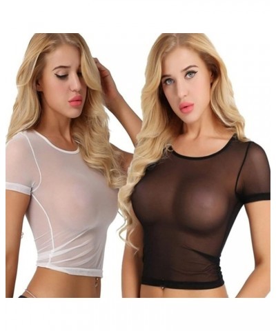 Women's Sexy Slim Mesh Sheer See Through Clubwear Stretchy Shirt Short Sleeve/Sleeveless Blouse Crewneck Crop Tops Lingeries ...