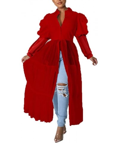 Women’s Sexy Blouses Tunic Long Ruffle Sleeve Button Down Shirt Sheer Mesh Maxi Dress with Belt 93red $22.35 Blouses