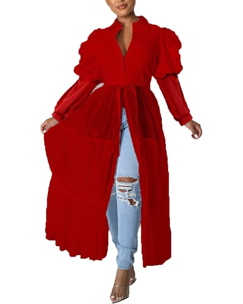 Women’s Sexy Blouses Tunic Long Ruffle Sleeve Button Down Shirt Sheer Mesh Maxi Dress with Belt 93red $22.35 Blouses