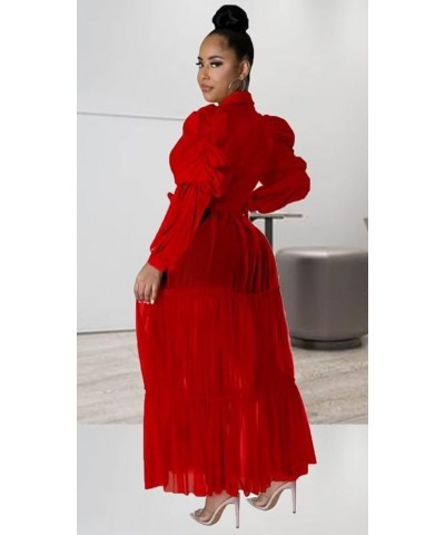 Women’s Sexy Blouses Tunic Long Ruffle Sleeve Button Down Shirt Sheer Mesh Maxi Dress with Belt 93red $22.35 Blouses