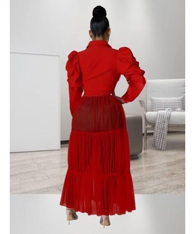 Women’s Sexy Blouses Tunic Long Ruffle Sleeve Button Down Shirt Sheer Mesh Maxi Dress with Belt 93red $22.35 Blouses