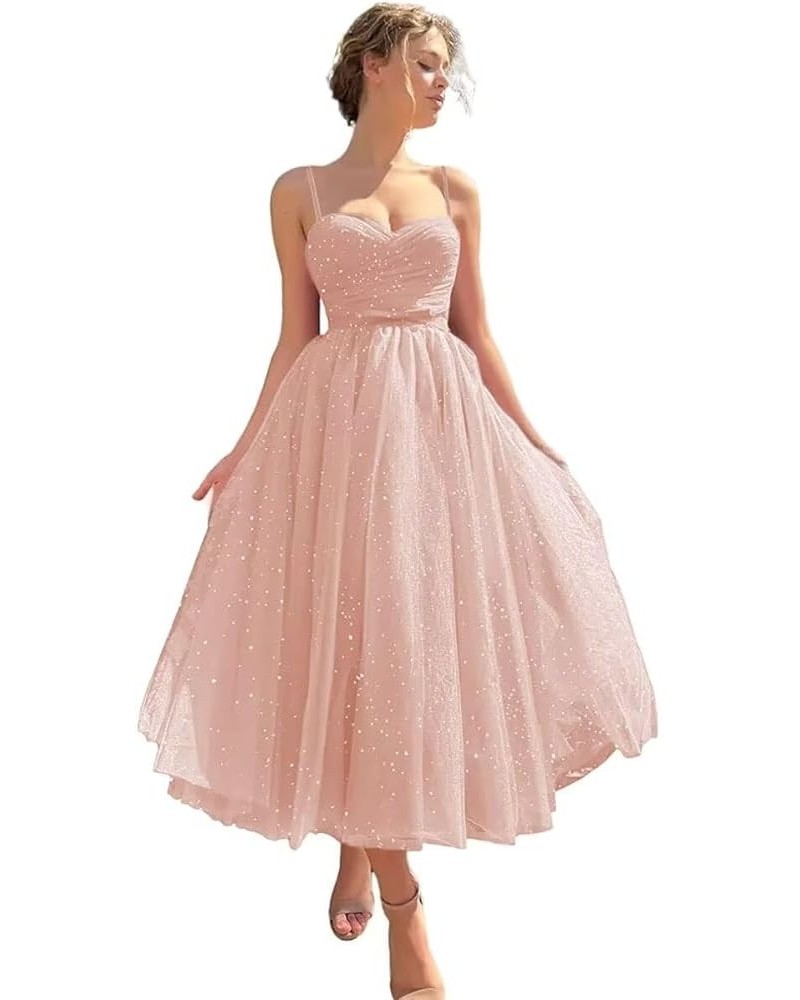 Spaghetti Straps Starry Prom Dresses Sparkly Puffy Tulle Ball Gown Tea Length Formal Evening Party Dress Blush Pink $31.19 Dr...