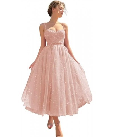 Spaghetti Straps Starry Prom Dresses Sparkly Puffy Tulle Ball Gown Tea Length Formal Evening Party Dress Blush Pink $31.19 Dr...