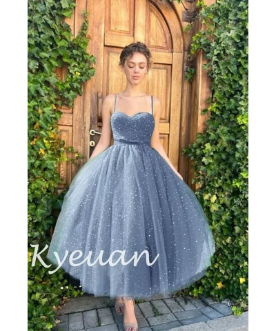 Spaghetti Straps Starry Prom Dresses Sparkly Puffy Tulle Ball Gown Tea Length Formal Evening Party Dress Blush Pink $31.19 Dr...