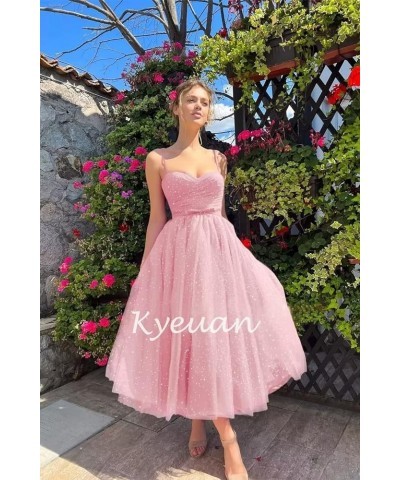 Spaghetti Straps Starry Prom Dresses Sparkly Puffy Tulle Ball Gown Tea Length Formal Evening Party Dress Blush Pink $31.19 Dr...