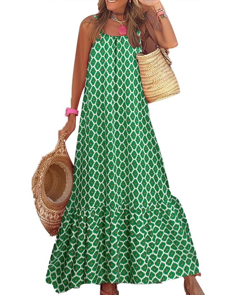 Women Boho Print Flowy Long Dress Spaghetti Strap Backless Maxi Dress Smocked Tiered Beach Party Loose Sundress Light Green $...